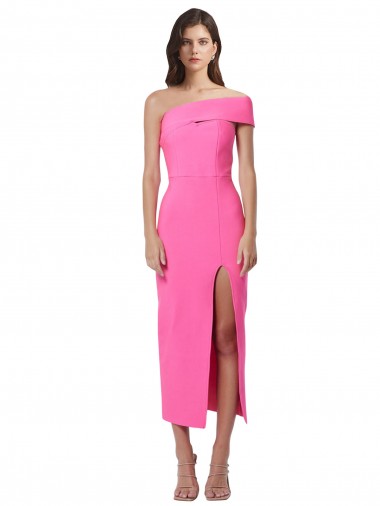 Sleeveless One Shoulder Stretch Crepe Fuchsia Midi Length Formal Evening Dress Canada for Sale