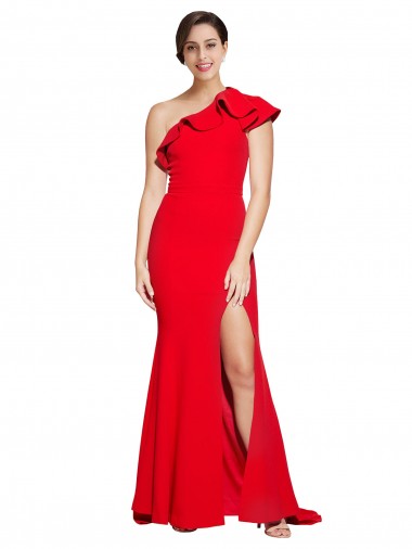 Sleeveless One Shoulder Stretch Crepe Red Sweep Train Semi Formal Evening Dress Canada for Sale