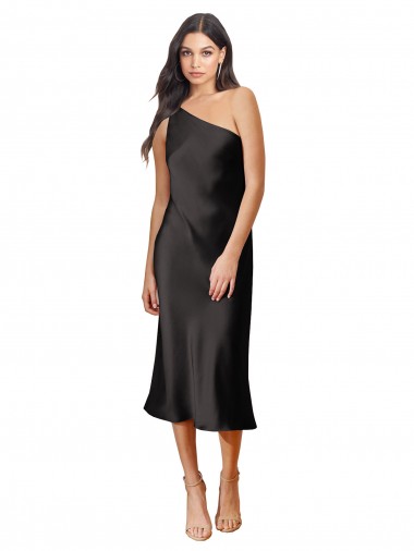 Sleeveless One Shoulder Stretch Satin Black Midi Length Black Tie Evening Dress Canada for Sale