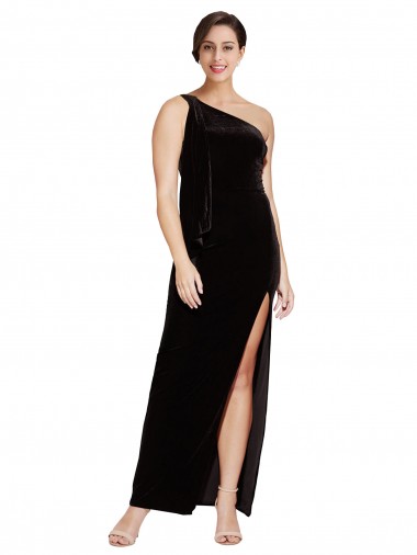Sleeveless One Shoulder Stretch Velvet Black Long Formal Evening Dress Canada for Sale