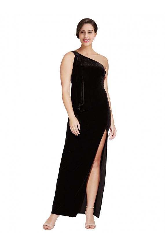Sleeveless One Shoulder Stretch Velvet Black Long Formal Evening Dress Canada for Sale