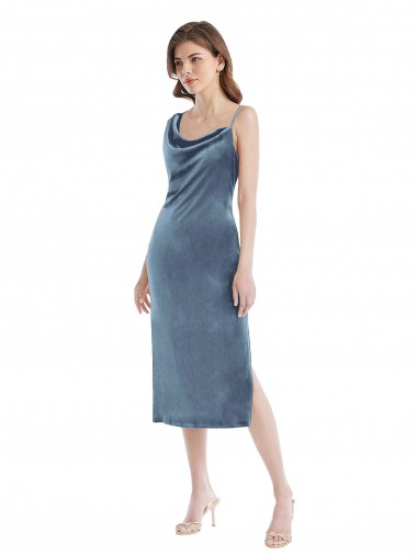 Sleeveless One Shoulder Stretch Velvet Dusty Blue Long Semi Formal Evening Dress Canada for Sale
