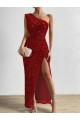 Sleeveless One Shoulder Velvet Sequin Red Long Evening Dress Canada for Sale