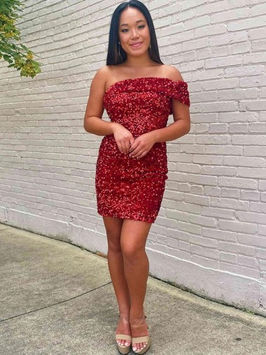 Sleeveless One Shoulder Velvet Sequin Burgundy Short Evening Dress Canada for Sale