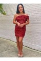 Sleeveless One Shoulder Velvet Sequin Burgundy Short Evening Dress Canada for Sale