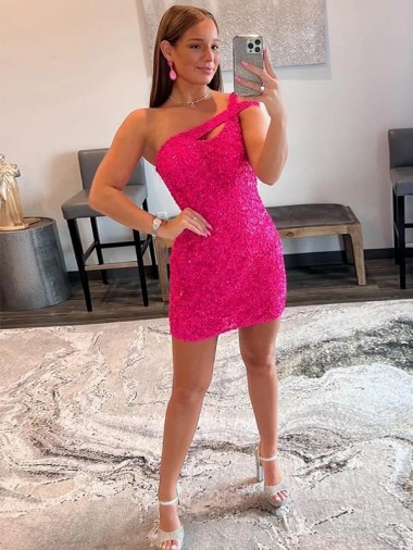 Sleeveless One Shoulder Velvet Sequin Fuchsia Short Evening Dresses Canada for Sale