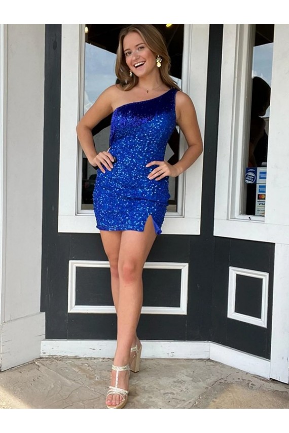 Sleeveless One Shoulder Velvet Sequin Royal Blue Short Homecoming Dresses Canada for Sale