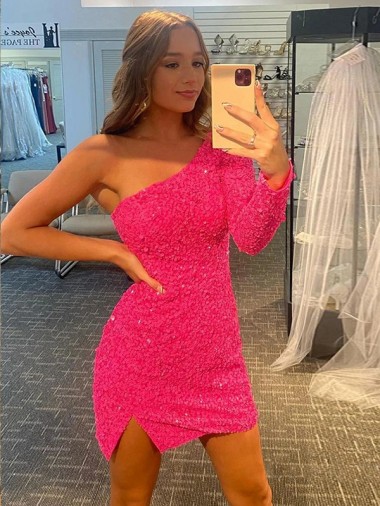 Long Sleeves One Shoulder Velvet Sequin Short Evening Gown Canada for Sale
