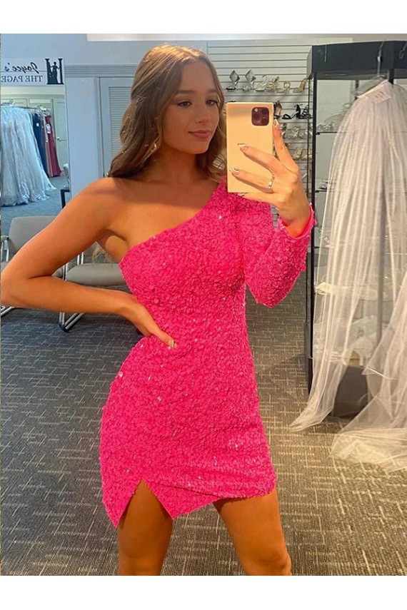 Long Sleeves One Shoulder Velvet Sequin Short Evening Gown Canada for Sale