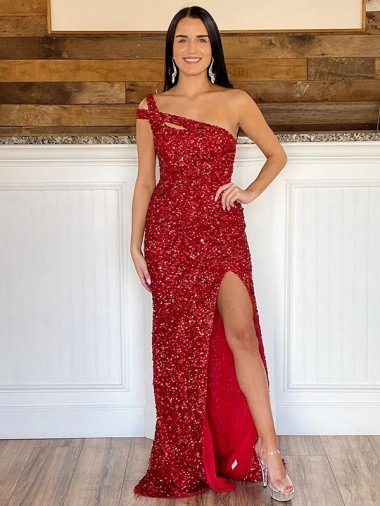 Sleeveless One Shoulder Velvet Sequin Burgundy Sweep Train Evening Dress Canada for Sale
