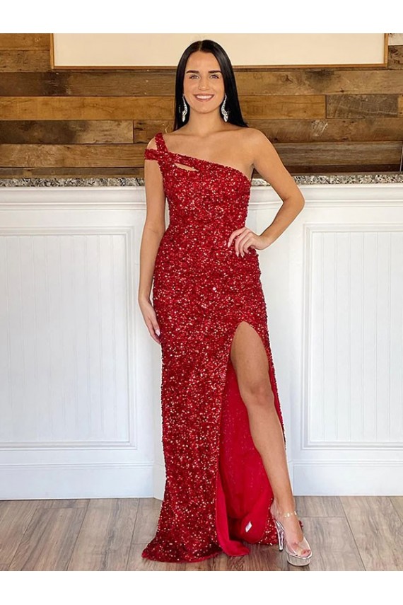 Sleeveless One Shoulder Velvet Sequin Burgundy Sweep Train Evening Dress Canada for Sale