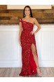 Sleeveless One Shoulder Velvet Sequin Burgundy Sweep Train Evening Dress Canada for Sale