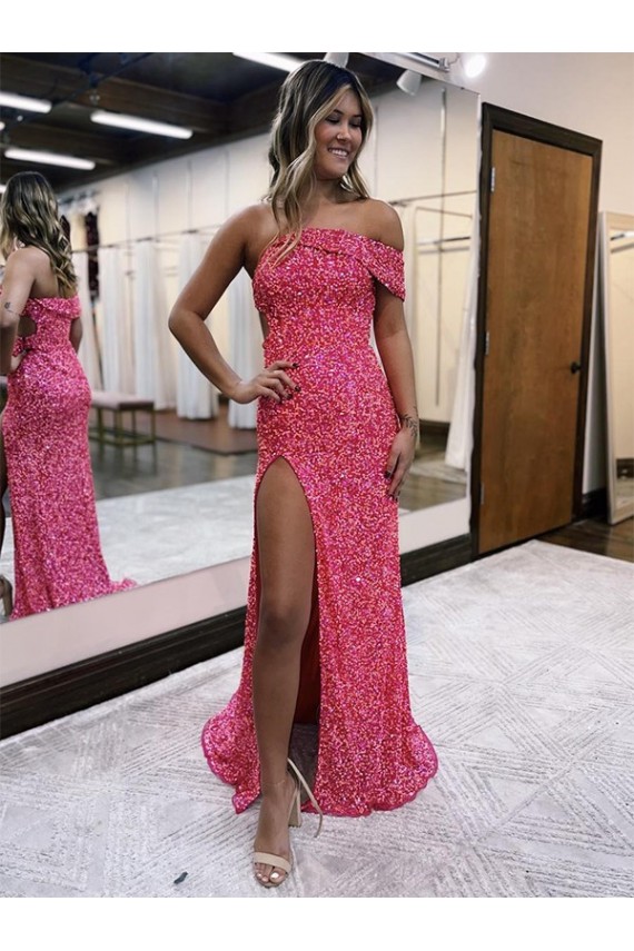 Sleeveless One Shoulder Velvet Sequin Fuchsia Sweep Train Evening Dress Canada for Sale