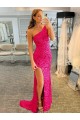 Sleeveless One Shoulder Velvet Sequin Fuchsia Sweep Train Evening Gown Canada for Sale