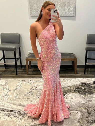 Sleeveless One Shoulder Velvet Sequin Pink Sweep Train Evening Dress Canada for Sale
