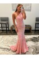 Sleeveless One Shoulder Velvet Sequin Pink Sweep Train Evening Dress Canada for Sale