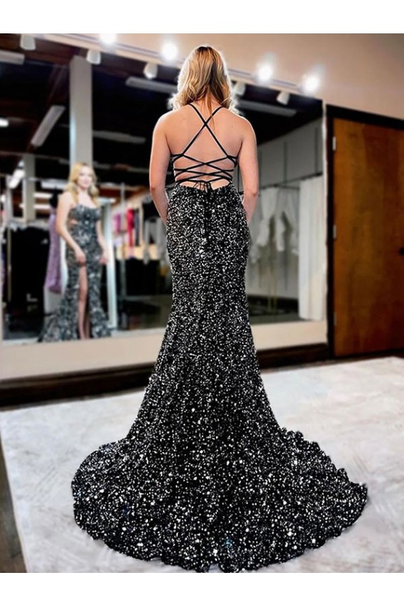 Sleeveless Spaghetti Straps Velvet Sequin Sweep Train Evening Gown Canada for Sale