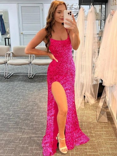 Sleeveless Spaghetti Straps Velvet Sequin Fuchsia Sweep Train Evening Dress Canada for Sale