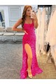 Sleeveless Spaghetti Straps Velvet Sequin Fuchsia Sweep Train Evening Dress Canada for Sale