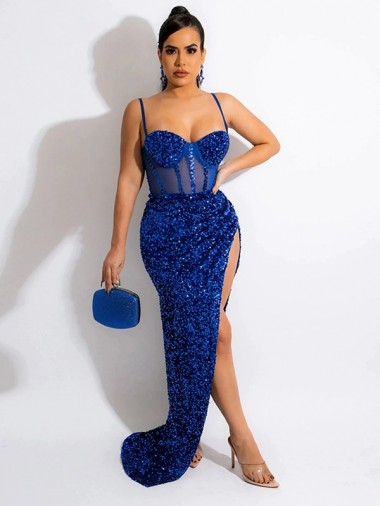 Sleeveless Spaghetti Straps Velvet Sequin Royal Blue Sweep Train Evening Gowns Canada for Sale