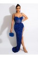 Sleeveless Spaghetti Straps Velvet Sequin Royal Blue Sweep Train Evening Gowns Canada for Sale