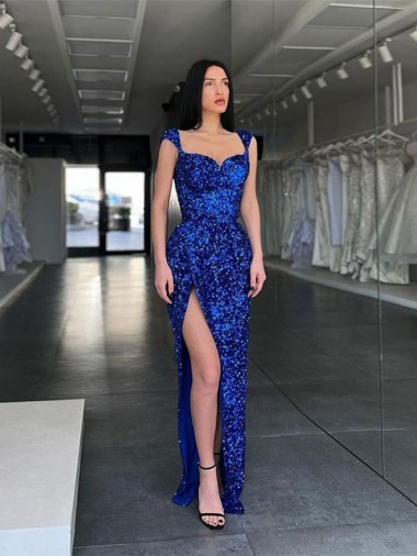 Sleeveless Spaghetti Straps Velvet Sequin Royal Blue Sweep Train Evening Gown Canada for Sale