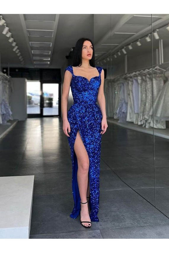 Sleeveless Spaghetti Straps Velvet Sequin Royal Blue Sweep Train Evening Gown Canada for Sale