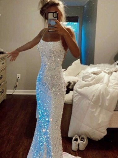 Sleeveless Spaghetti Straps Velvet Sequin Sweep Train Evening Dress Canada for Sale