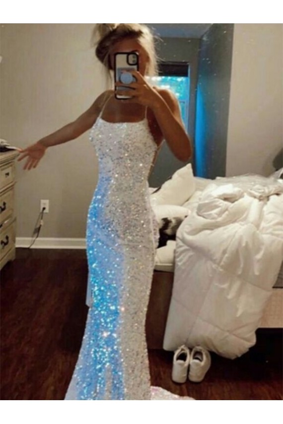 Sleeveless Spaghetti Straps Velvet Sequin Sweep Train Evening Dress Canada for Sale