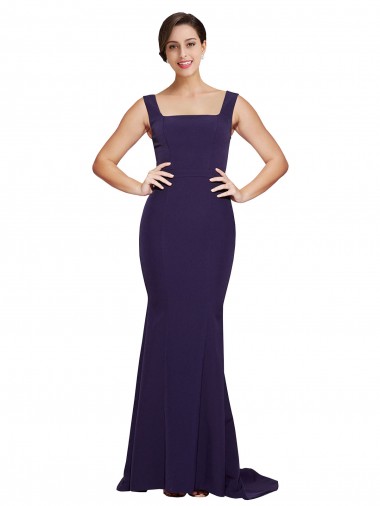 Sleeveless Square Neck Stretch Crepe Dark Navy Sweep Train Semi Formal Evening Dress Canada for Sale