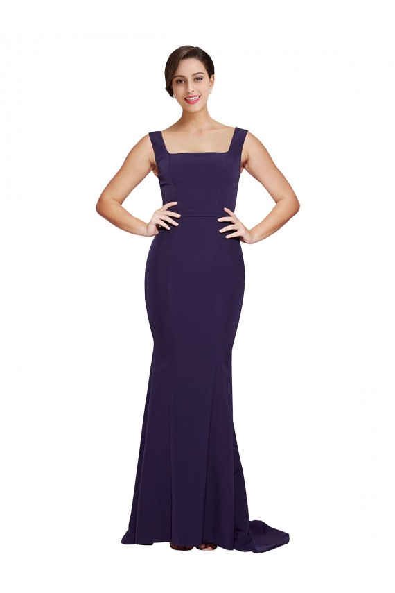 Sleeveless Square Neck Stretch Crepe Dark Navy Sweep Train Semi Formal Evening Dress Canada for Sale