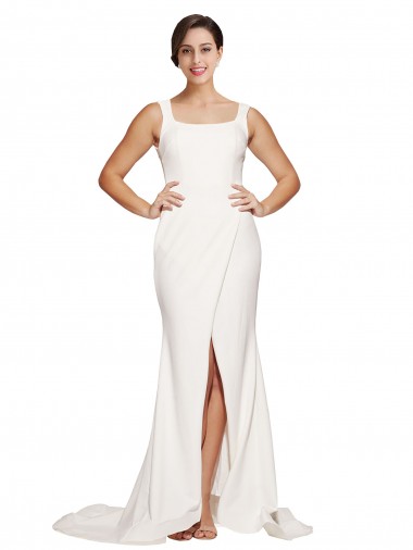 Sleeveless Square Neck Stretch Crepe Ivory Sweep Train Semi Formal Evening Dress Canada for Sale