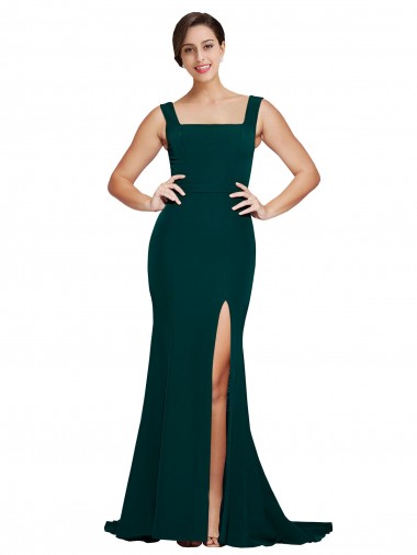 Sleeveless Square Neck Stretch Crepe Midnight Green Sweep Train Semi Formal Evening Dress Canada for Sale