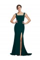Sleeveless Square Neck Stretch Crepe Midnight Green Sweep Train Semi Formal Evening Dress Canada for Sale