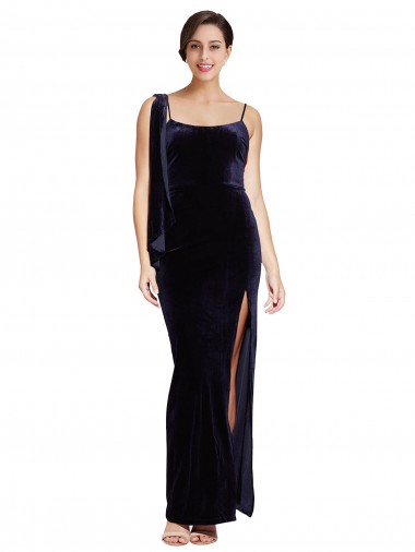 Sleeveless Square Neck Stretch Velvet Dark Navy Long Formal Evening Dress Canada for Sale