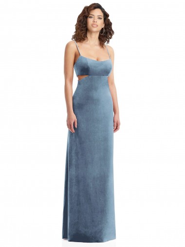 Sleeveless Square Neck Stretch Velvet Dusty Blue Long Formal Evening Dress Canada for Sale