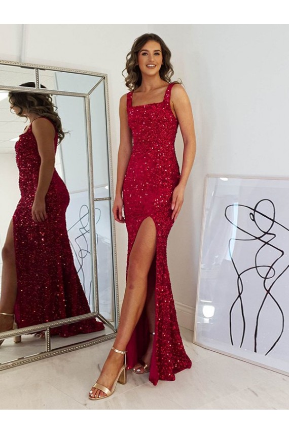 Sleeveless Square Neck Velvet Sequin Burgundy Long Evening Dress Canada for Sale