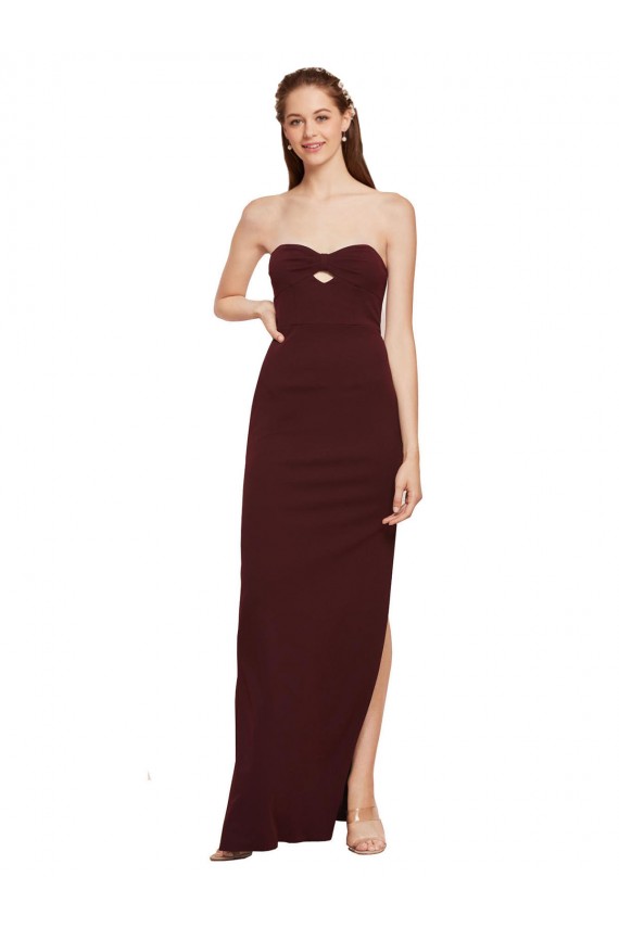 Sleeveless Strapless Stretch Crepe Burgundy Gold Long Formal Evening Dress Canada for Sale