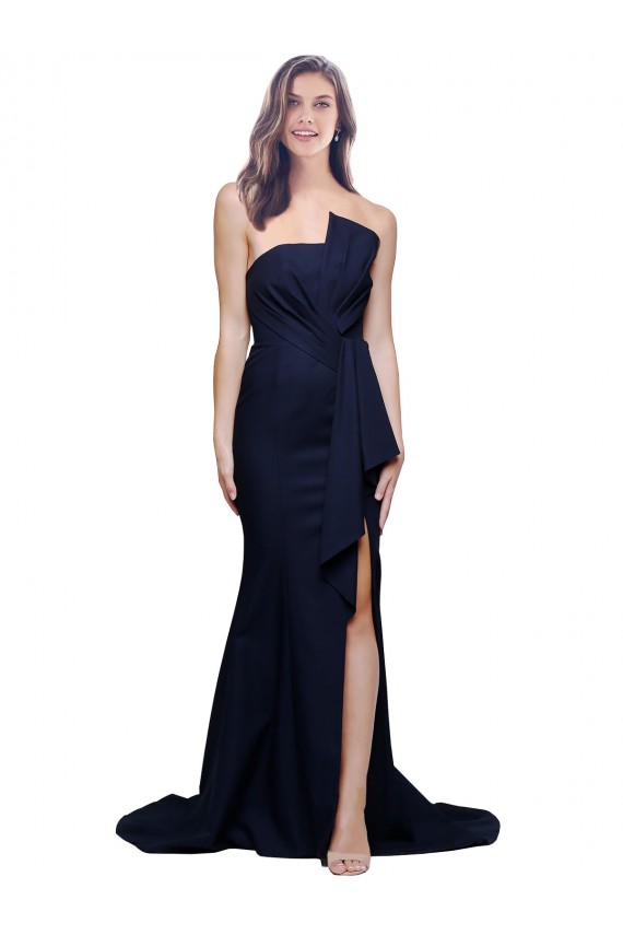 Sleeveless Strapless Stretch Crepe Dark Navy Sweep Train Semi Formal Evening Dress Canada for Sale