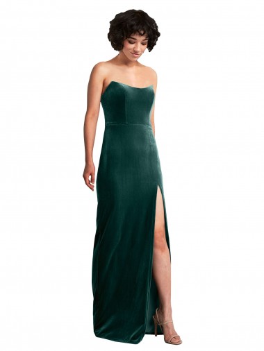 Sleeveless Strapless Stretch Velvet Dark Green Long Black Tie Evening Dress Canada for Sale