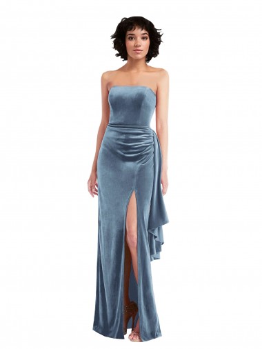 Sleeveless Strapless Stretch Velvet Dusty Blue Long Formal Evening Dress Canada for Sale