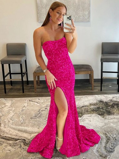 Sleeveless Strapless Velvet Sequin Fuchsia Sweep Train Evening Dress Canada for Sale