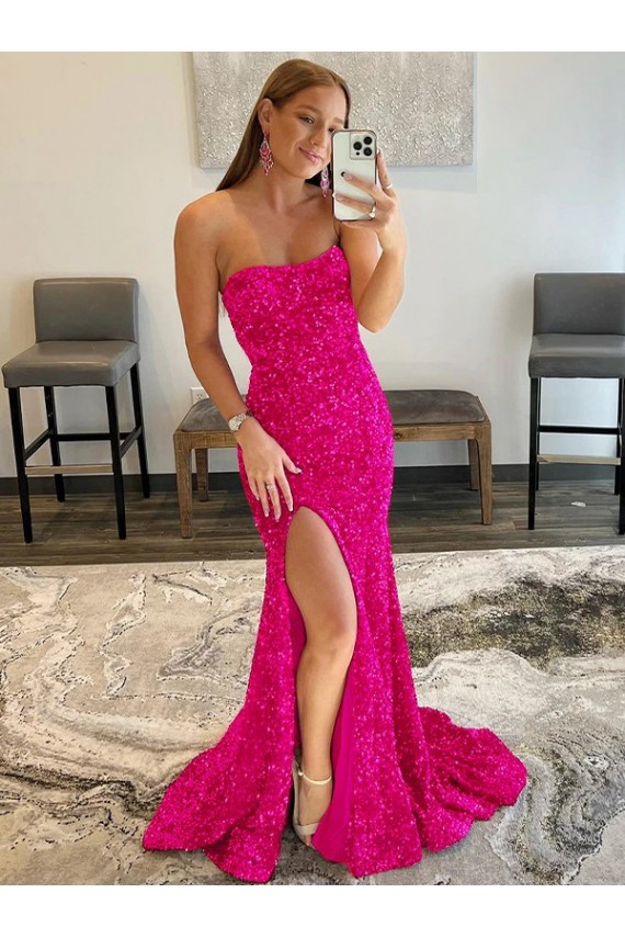 Sleeveless Strapless Velvet Sequin Fuchsia Sweep Train Evening Dress Canada for Sale