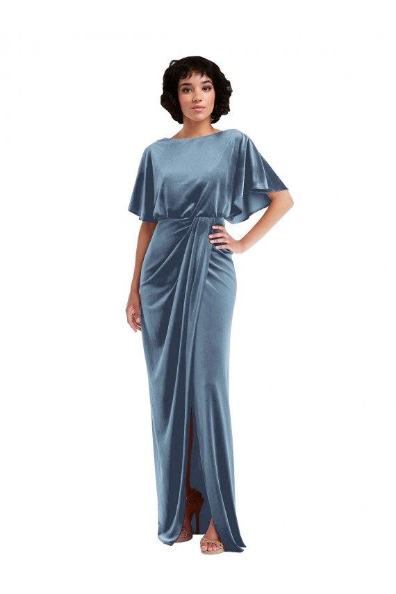 Flutter Sleeves Stretch Velvet Dusty Blue Long Semi Formal Evening Dress Canada for Sale