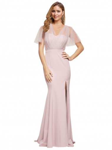 Short Sleeves Sweetheart Stretch Crepe & Tulle Mauve Long Formal Evening Dress Canada for Sale