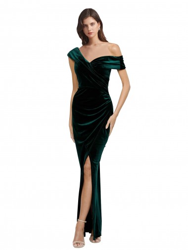 Sleeveless Sweetheart Stretch Velvet Dark Green Long High Low Evening Dress Canada for Sale