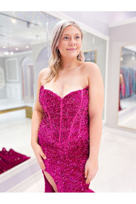 Sleeveless Sweetheart Velvet Sequin Sweep Train Evening Dress Canada for Sale