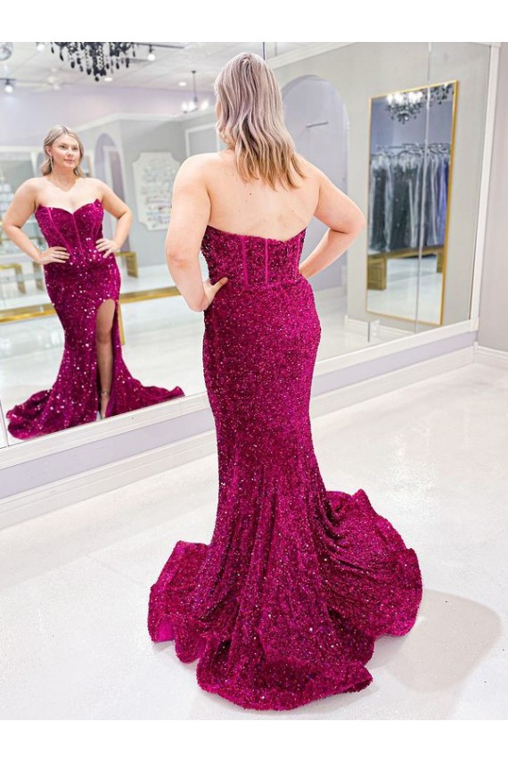 Sleeveless Sweetheart Velvet Sequin Sweep Train Evening Dress Canada for Sale