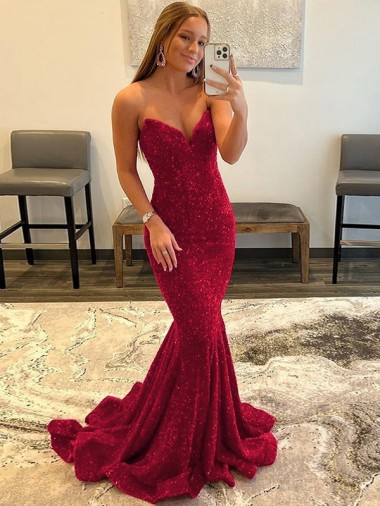 Sleeveless Sweetheart Velvet Sequin Burgundy Sweep Train Evening Dress Canada for Sale