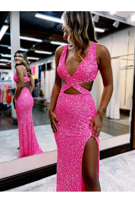 Sleeveless V-Neck Velvet Sequin Long Sweep Train Evening Dress Canada for Sale
